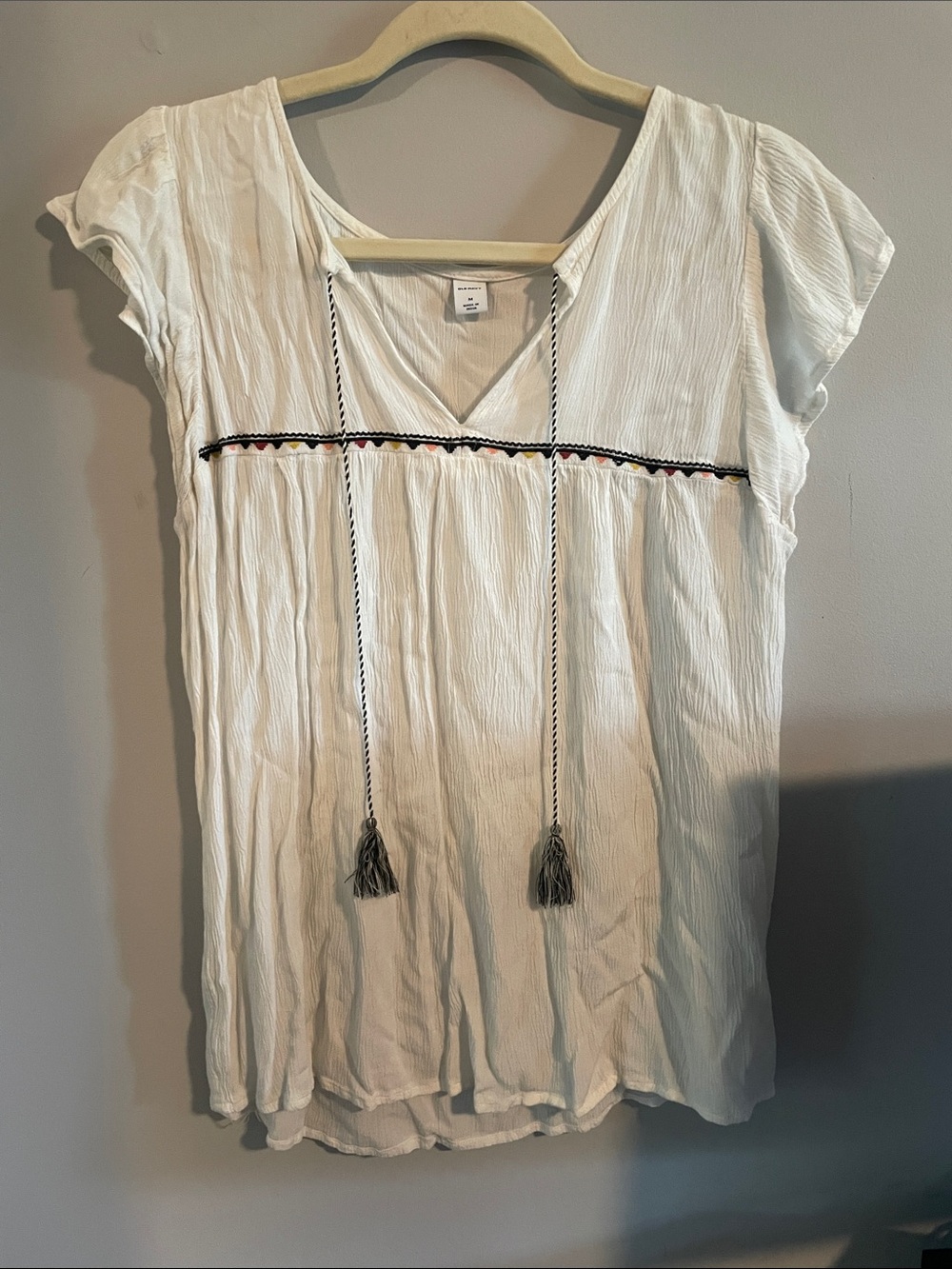 Old Navy White V-Neck Tassel Boho Top with Multicolor Trim